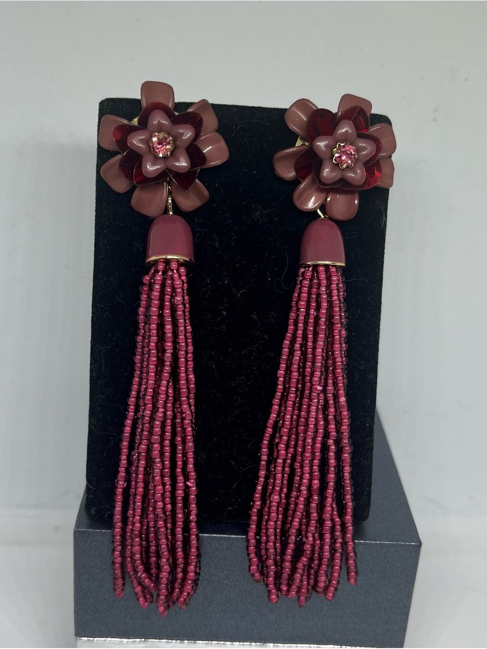 Tassel Flower Drop Earrings - Berry Pink